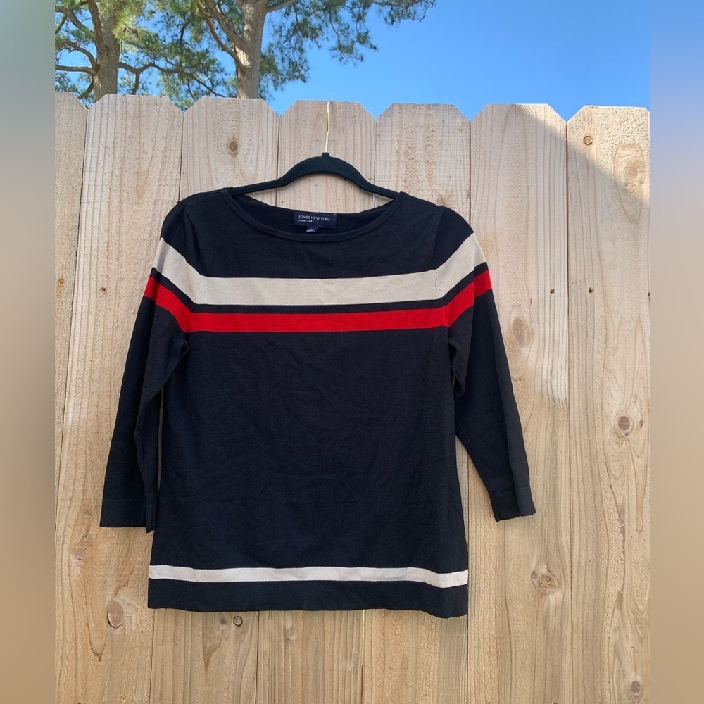 Vintage 90s Jones New York Sweater Size Medium Black‎ Striped Lightweight Red